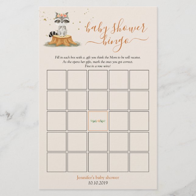 Raccoon Woodland Animals Baby Shower Bingo Game (正面)