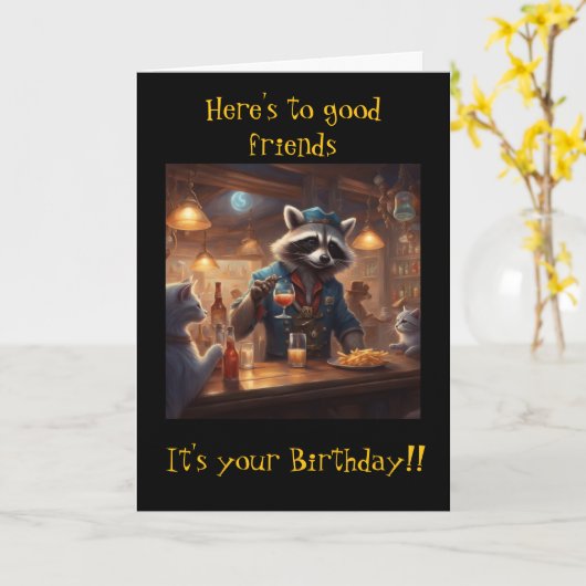 Raccoons and Cats share drinks in the bar birthday カード (黄色い花)