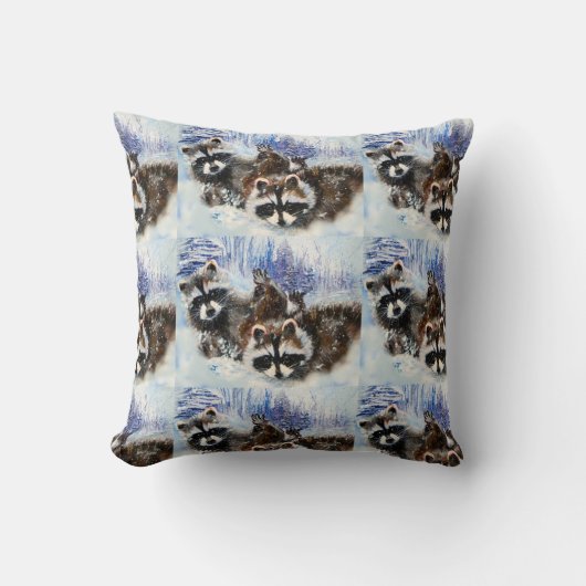 Raccoons and Snow from Original Art クッション (正面)