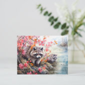 Raccoons  near autumn pond scene シーズンポストカード (スタンド正面)