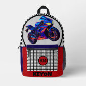 Race Bike Gingham Custom Name Left-Handed School  プリントバックパック (正面)