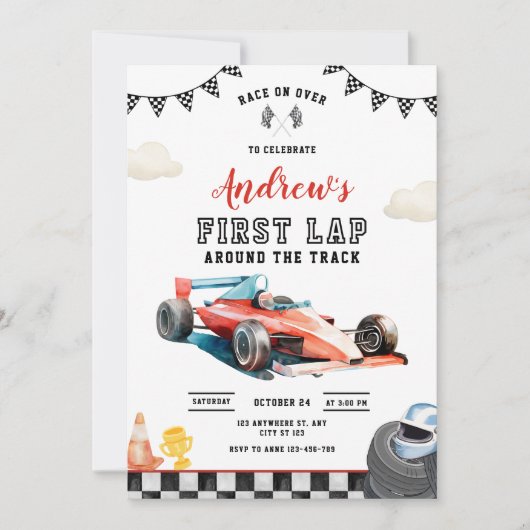 Race Car 1st Birthday Invitation, First Lap Racing 招待状 (正面)