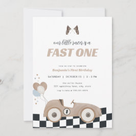 Race Car Beige Fast One First Birthday Invite  招待状