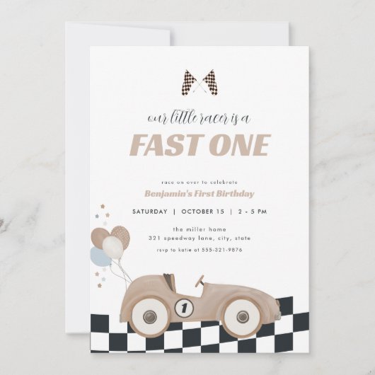 Race Car Beige Fast One First Birthday Invite  招待状 (正面)