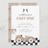 Race Car Beige Fast One First Birthday Invite  招待状 (正面/裏面)