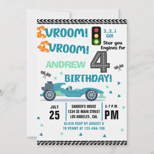 Race Car Birthday 4th - Boys Racin party 招待状 (正面)