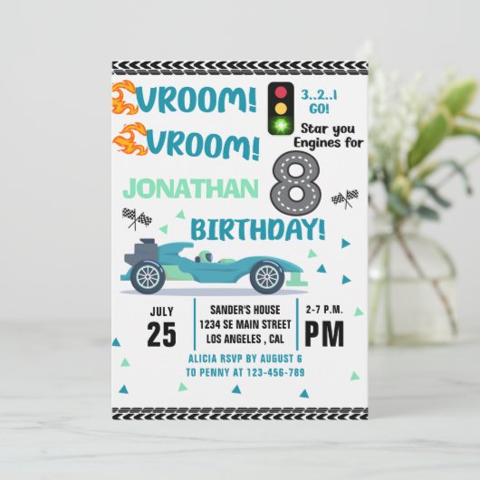 Race Car Birthday 8th - Boys Racin celebration 招待状 (スタンド正面)