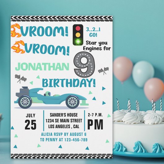 Race Car Birthday 9th - Boys Racin Party 招待状