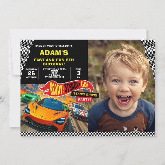 Race Car Birthday Party Fun 招待状 (正面)