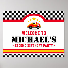 Race car birthday party welcome sign ポスター