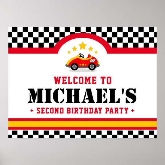 Race car birthday party welcome sign ポスター (正面)