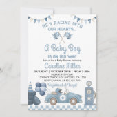 Race Car Blue Boy Baby Shower 招待状 (正面)