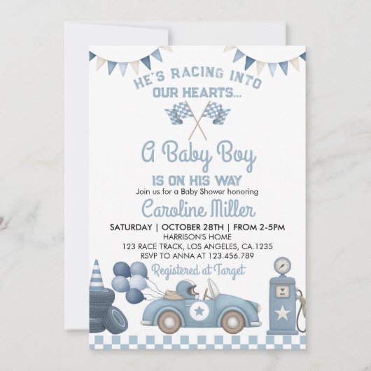 Race Car Blue Boy Baby Shower 招待状 (正面)