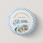 Race Car Blue Checkered Flag Boy First Birthday 缶バッジ (正面)