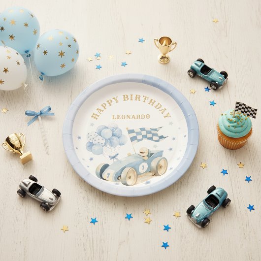 Race Car Blue Watercolor Boy First Birthday  ペーパープレート