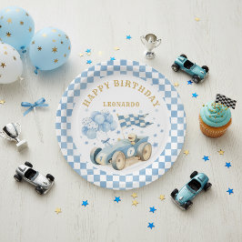 Race Car Blue Watercolor Boy First Birthday  ペーパープレート