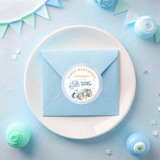 Race Car Blue Watercolor Boy First Birthday  ラウンドシール