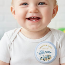 Race Car Blue Watercolor Boy First Birthday  缶バッジ