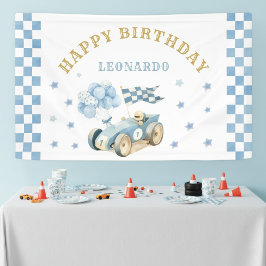 Race Car Boy First Birthday Blue Watercolor  横断幕