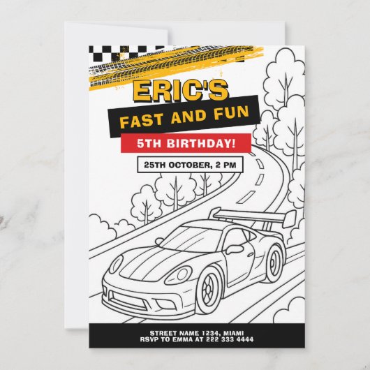 Race Car Coloring Birthday Party 招待状 (正面)