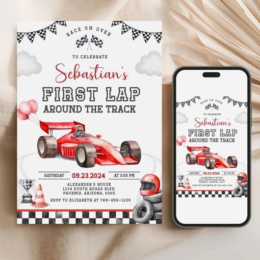 Race Car First Birthday Invitation, First Lap (Dig 招待状