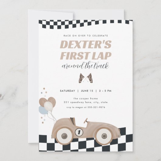 Race Car First Lap Around the Track 1st Birthday 招待状 (正面)