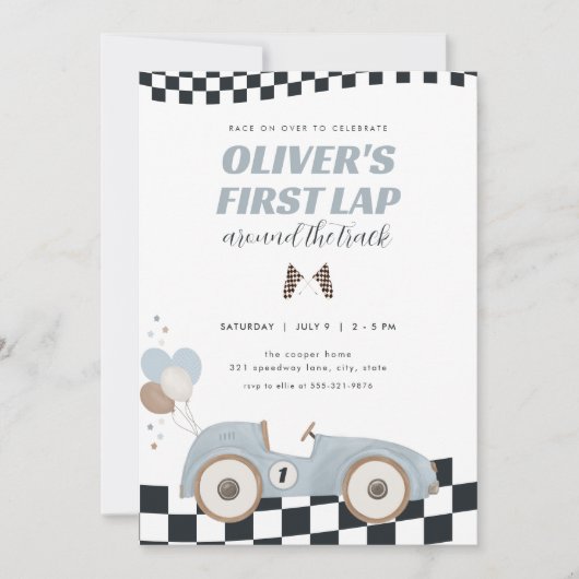 Race Car First Lap Around the Track 1st Birthday 招待状 (正面)