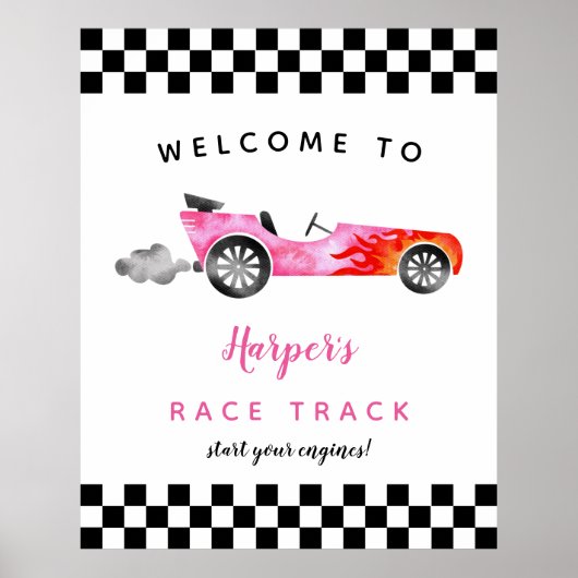 Race Car Girl Birthday Party Welcome Sign ポスター (正面)
