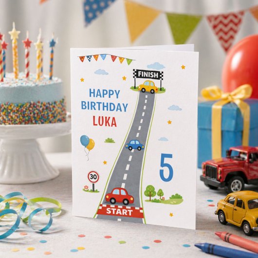 Race Car Kids Racing Track Happy Birthday カード