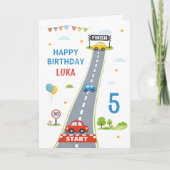 Race Car Kids Racing Track Happy Birthday カード (正面)