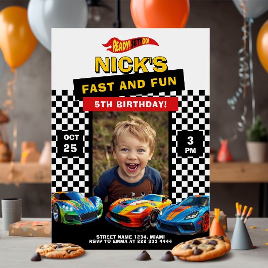 Race Car Photo Birthday Party card 招待状