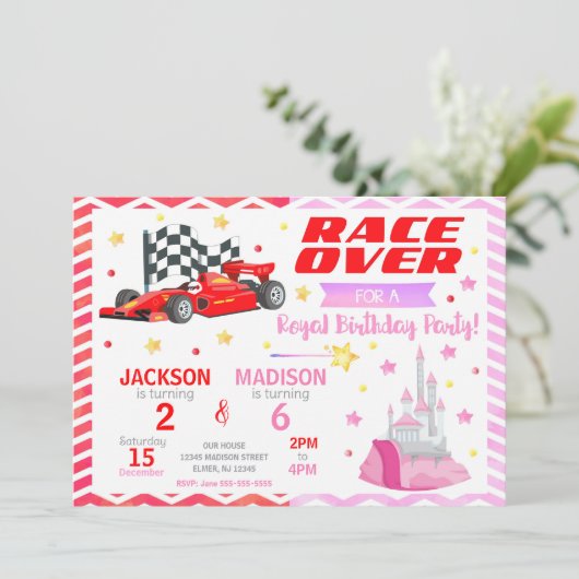 Race Car & Princess Joint Birthday Invitation 招待状 (スタンド正面)