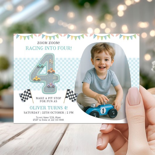 Race Car Theme 4th Birthday Party 招待状