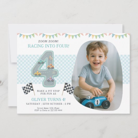 Race Car Theme 4th Birthday Party 招待状 (正面)