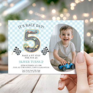 Race Car Theme 5th Birthday Party 招待状