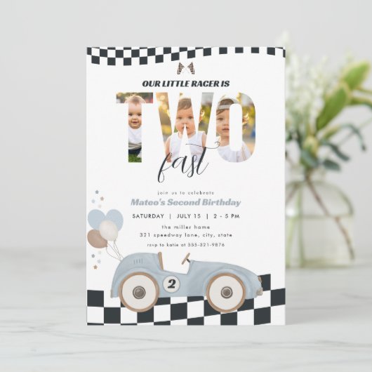 Race Car Two Fast Second Birthday Invite w/ Photo 招待状 (スタンド正面)