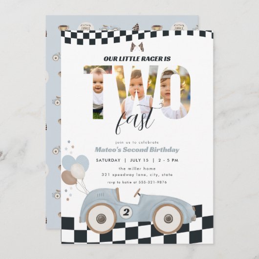 Race Car Two Fast Second Birthday Invite w/ Photo 招待状 (正面/裏面)