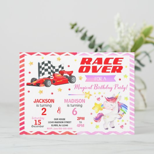 Race Car & Unicorn Joint Birthday Invitation 招待状 (スタンド正面)