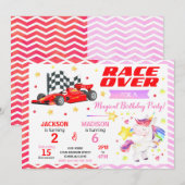 Race Car & Unicorn Joint Birthday Invitation 招待状 (正面/裏面)