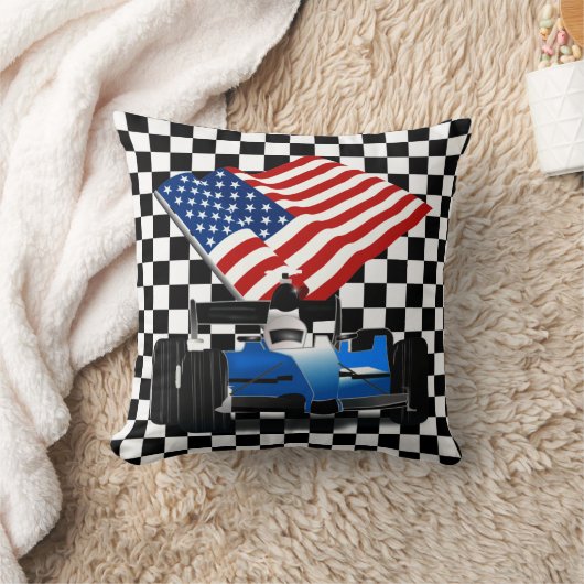 Race Car with American Flag クッション (ブランケット)