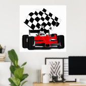 Race Car with Checkered Flag ポスター (ホームオフィス)