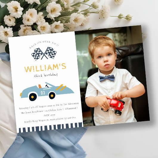 Race On Over RaceCar Photo Any Age誕生日招待状 サンキューカード