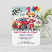 Race On Over Red Car 1st Birthday Boy Kids 招待状 (スタンド正面)