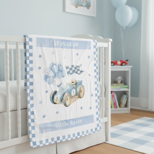 Racing Car Checkered Blue Flag Little Racer フリースブランケット