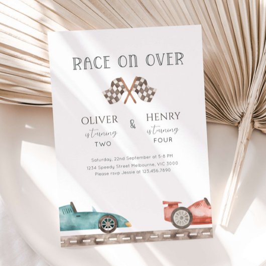 Racing Cars Siblings Joint Birthday Party 招待状
