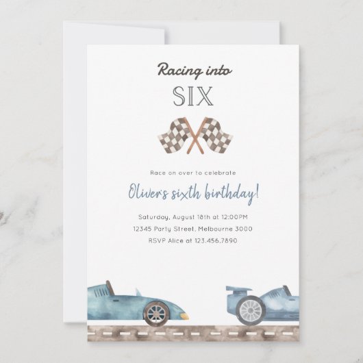 Racing Into Six Blue Car 5th Birthday Invitation 招待状 (正面)