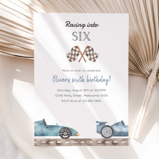 Racing Into Six Blue Car 5th Birthday Invitation 招待状