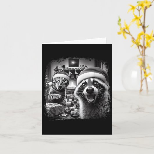 Racoon Santa Funny Cat Taking Selfie Christmas Xma カード (黄色い花)