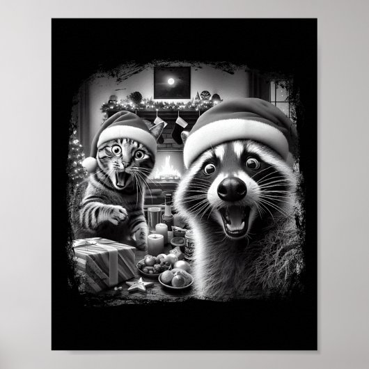 Racoon Santa Funny Cat Taking Selfie Christmas Xma ポスター (正面)