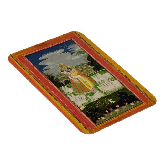 RadhaとKrishnaは理想的なランドスキャップで抱擁する マグネット (右側)